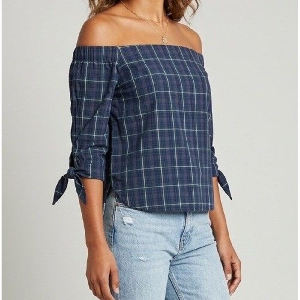 Bailey 44 Twin Fin Top Womens XS Tartan Plaid Off Shoulder Old Money Equestrian